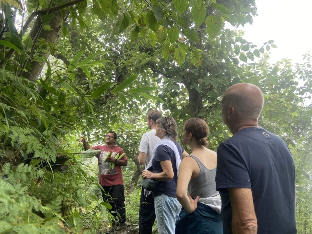 Guests on a farm tour in a Himalayan homestay in Nainital Uttarakhand